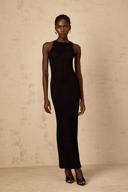 Déotille black fitted ribbed-knit maxi dress