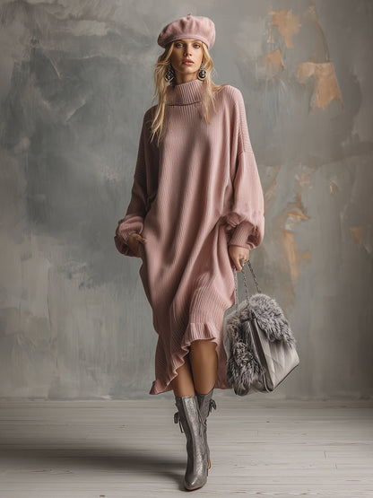 Elegant Lazy Dry Pink High Collar Ruffle Hem Ruffle Knitted Loose Midi Dress