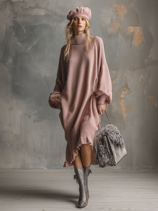 Elegant Lazy Dry Pink High Collar Ruffle Hem Ruffle Knitted Loose Midi Dress