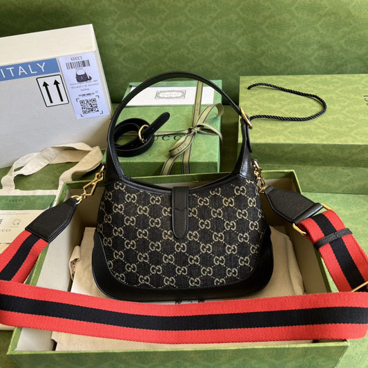 gg Jackie 1961 Small Shoulder Bag Black And Ivory gg Denim Jacquard For Women 11in/28cm 678843 UN3AG 1294