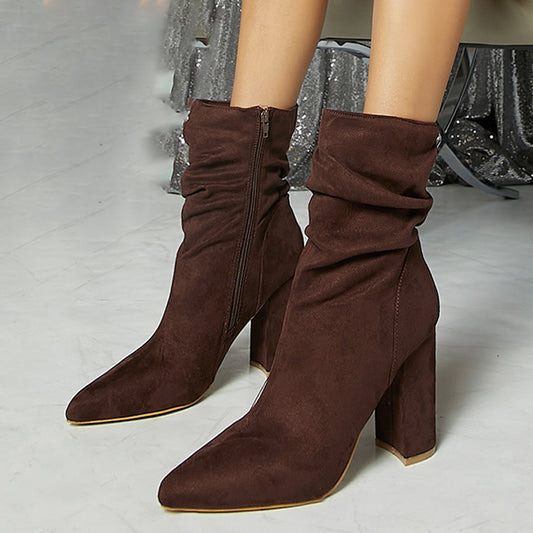 Dark Brown Vegan Suede Pointed Toe Pleated Design Heeled Ankle Boots