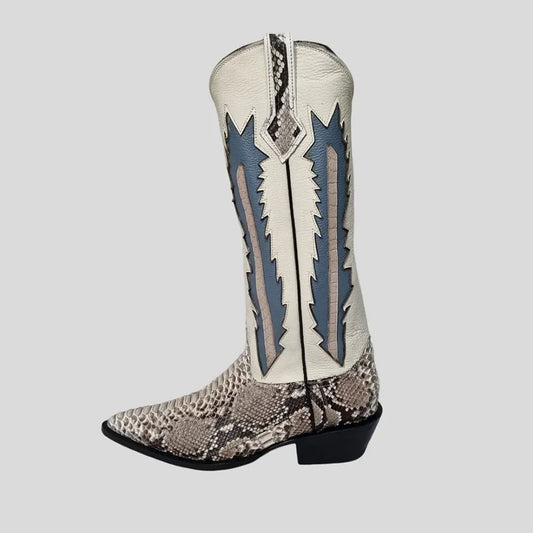Faux Leather Snakeskin Mid-Calf Pointed Toe White Western Boots