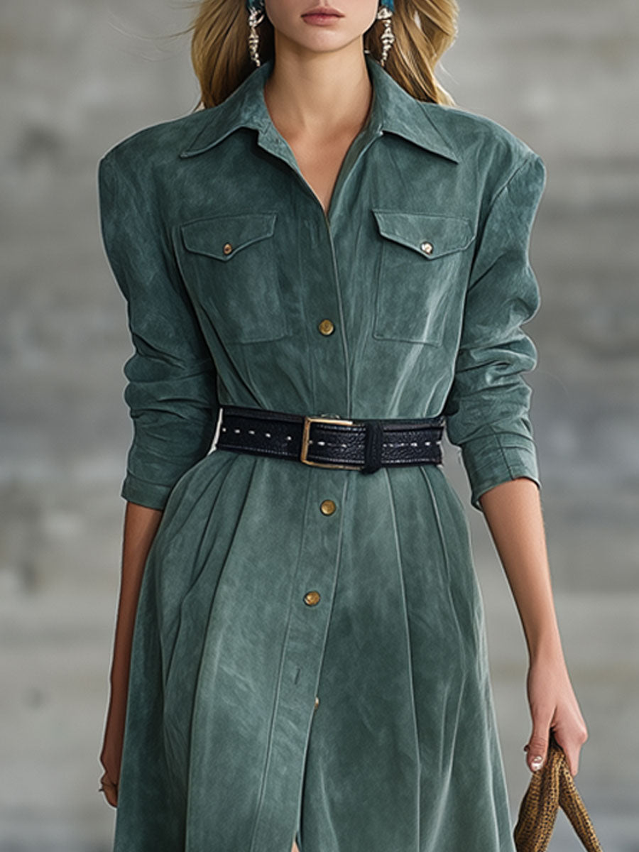 Fashion Retro Teal Faux Suede Long Sleeve Lace-Up Midi Dress