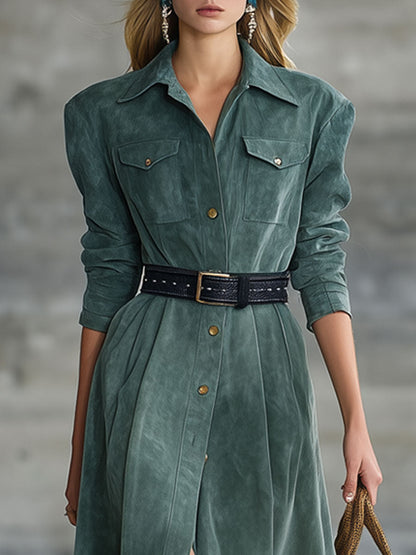 Fashion Retro Teal Faux Suede Long Sleeve Lace-Up Midi Dress