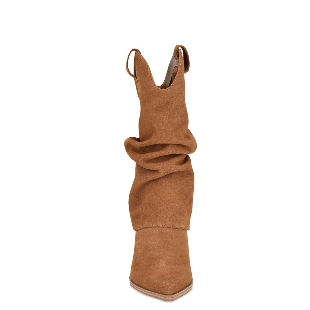 Fashion Tan Pointed Toe Fold Over Ankle Boots with Chunky Heel