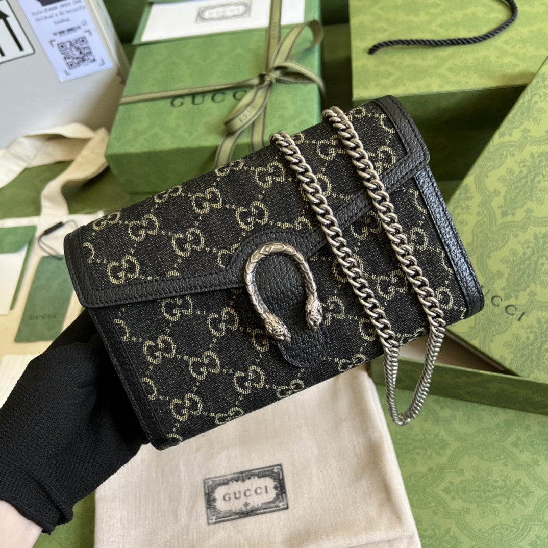 gg Dionysus gg Mini Chain Bag Black And Ivory gg Denim Jacquard For Women 8in/20cm 401231