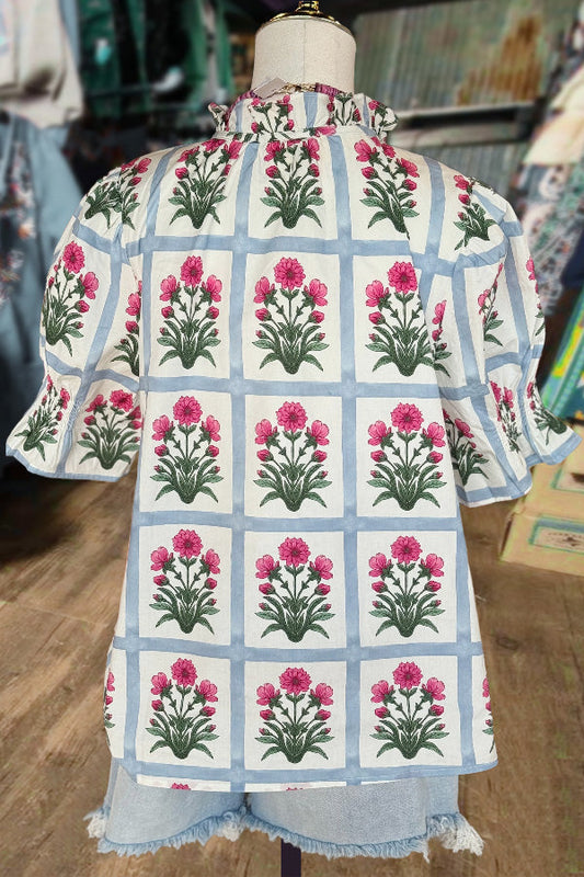 Floral Print Tie Neck Puff Sleeve Top