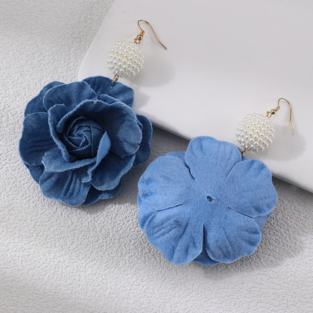 Elegant Camellia Shaped Cloth Beaded Dangle Earrings