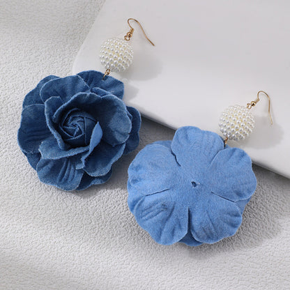 Elegant Camellia Shaped Cloth Beaded Dangle Earrings