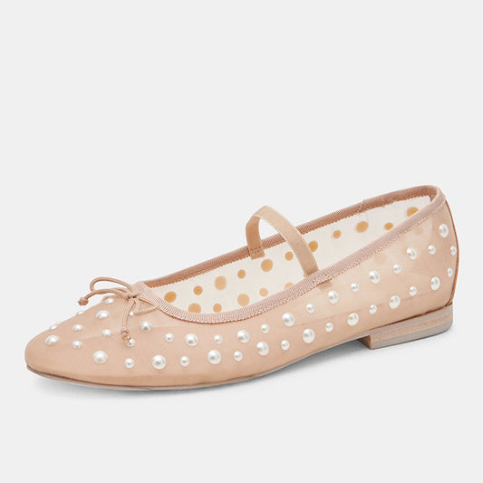 Beige Mesh Round Toe Flat Pearl Sophisticated Embellished Ballet Shoes
