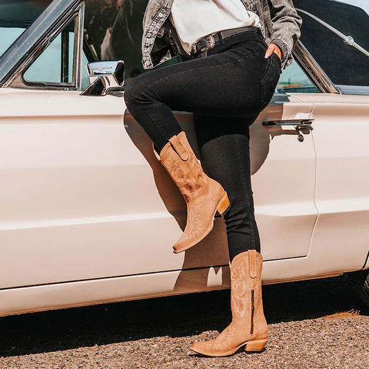 Beige Faux Suede Snip Toe Chunky Heel Mid-Calf Cowgirl Boots