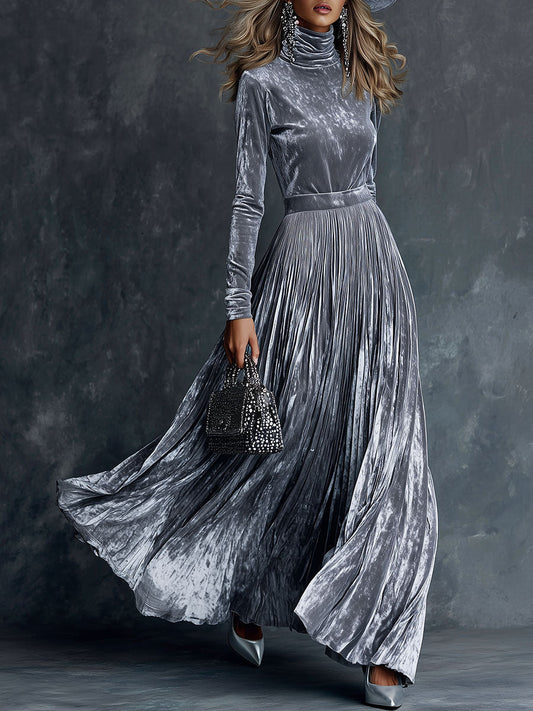 Fashionable High-neck Pleated Skirt Silver-gray Velvet Maxi Dress