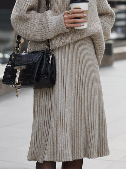 Beige Knit Sweater And Pleated Skirt Set