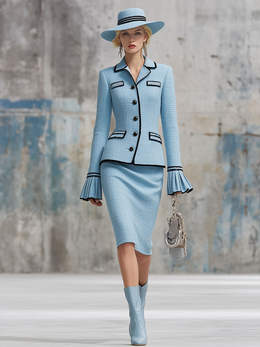 Elegant Blue Tweed Ruffle Cuff Top And Skirt Set