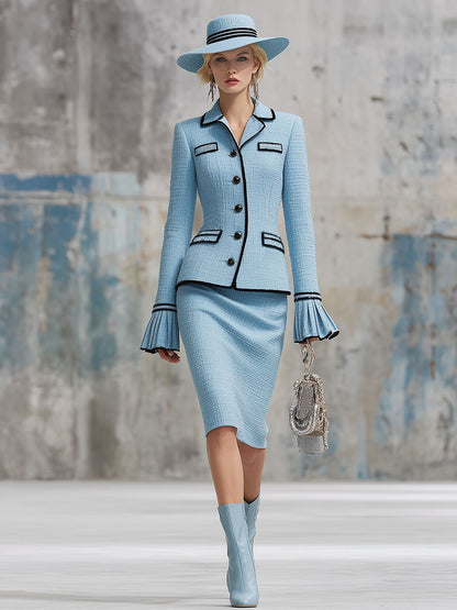 Elegant Blue Tweed Ruffle Cuff Top And Skirt Set