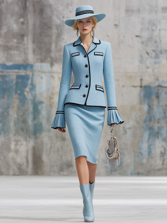 Elegant Blue Tweed Ruffle Cuff Top And Skirt Set