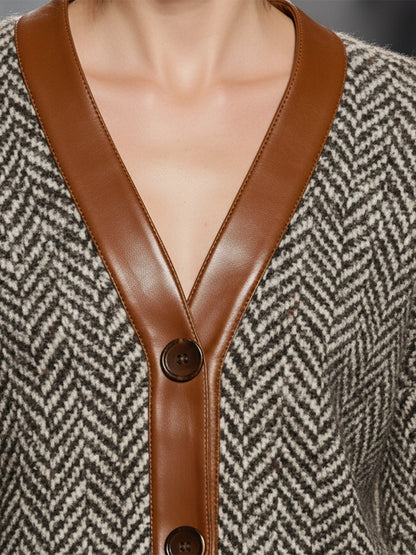 Vintage-chic Faux Leather-trimmed Herringbone Jacket