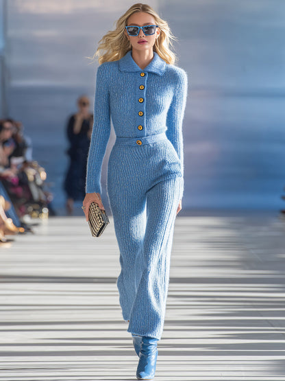 Fashion Retro Blue Lapel Button Knitted Trousers Set