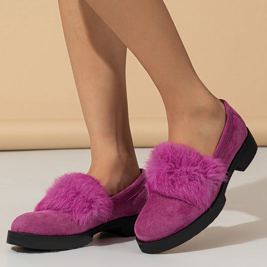 Fuchsia Vegan Suede Round Toe Fuzzy Decorated Loafer Shoes Women