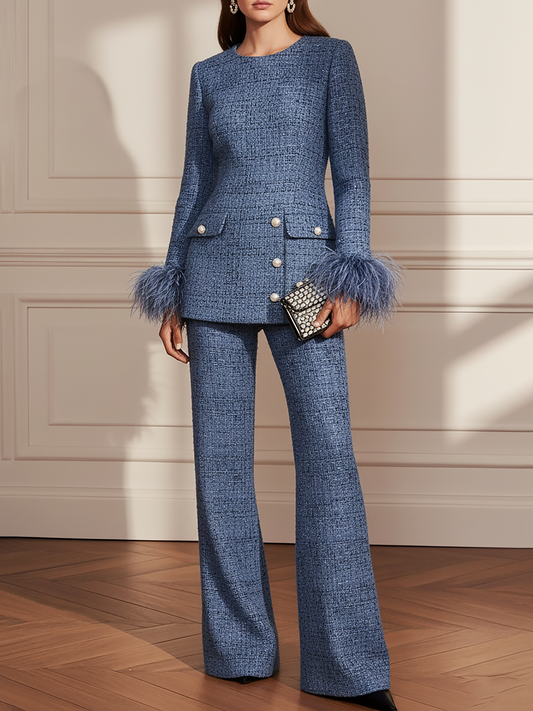 Elegant Retro Round Neck Long Sleeve Tweed Top + Pants Set
