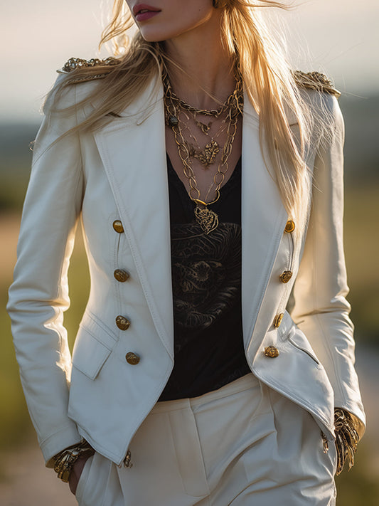 Fashion Retro White Faux Leather Epaulette Button Blazer