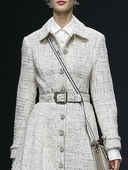 Elegant Vintage White Tweed Single-breasted Coat
