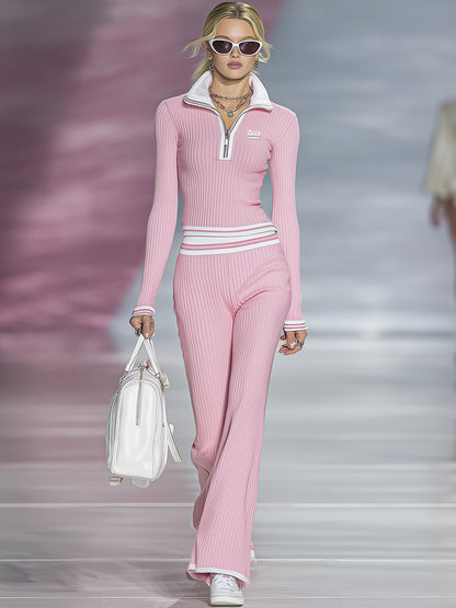 Fashionable Sports Pink Half-zip Top And Pants Set