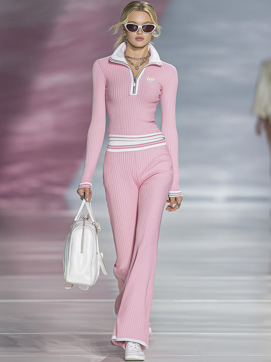 Fashionable Sports Pink Half-zip Top And Pants Set
