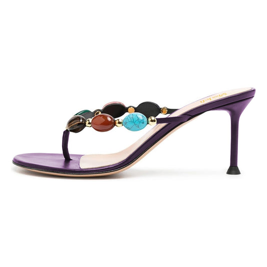 Dark Purple Round Toe High Heels Sandals with Colorful Jewels