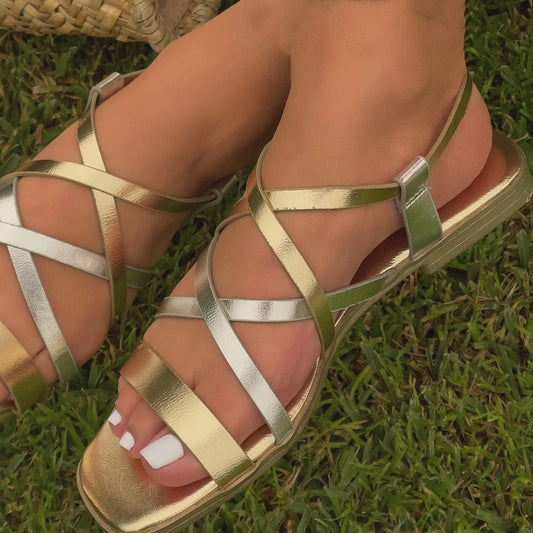 Gold & Silver Glitter Square Toe Flat Ankle Strap Sandals
