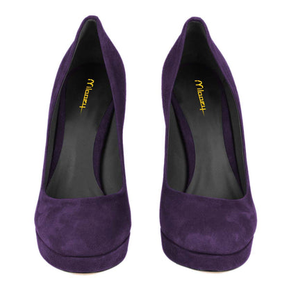 Dark Purple Vegan Suede Round Toe Chunky Heel Platform Pumps Shoes