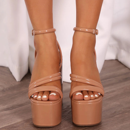 Beige Open Toe Chunky Heel Ankle Strap Sandals with Platform
