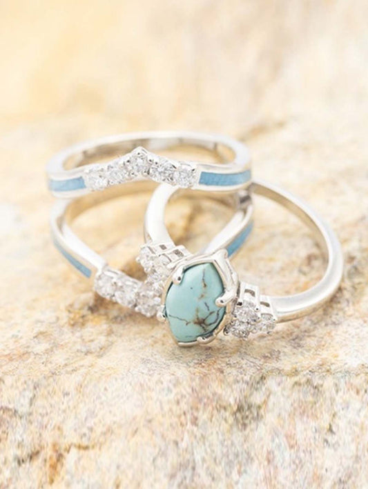 Fashion Geometric Gemstone Rhinestone Decor Alloy Ring 3Pcs Set