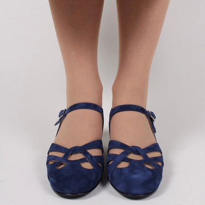 Faux Suede Round Toe Navy Blue Block Heel Pumps with Buckle