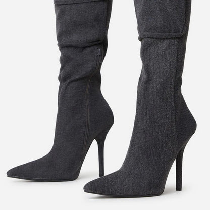 Dark Grey Denim Pocket Pointed Toe Stiletto Heel Zip Thigh Heel Boots