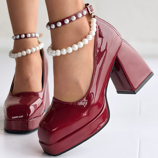 Full Color Patent Leather Platform Mary Janes Pearl Ankle Strap Chunky Heels