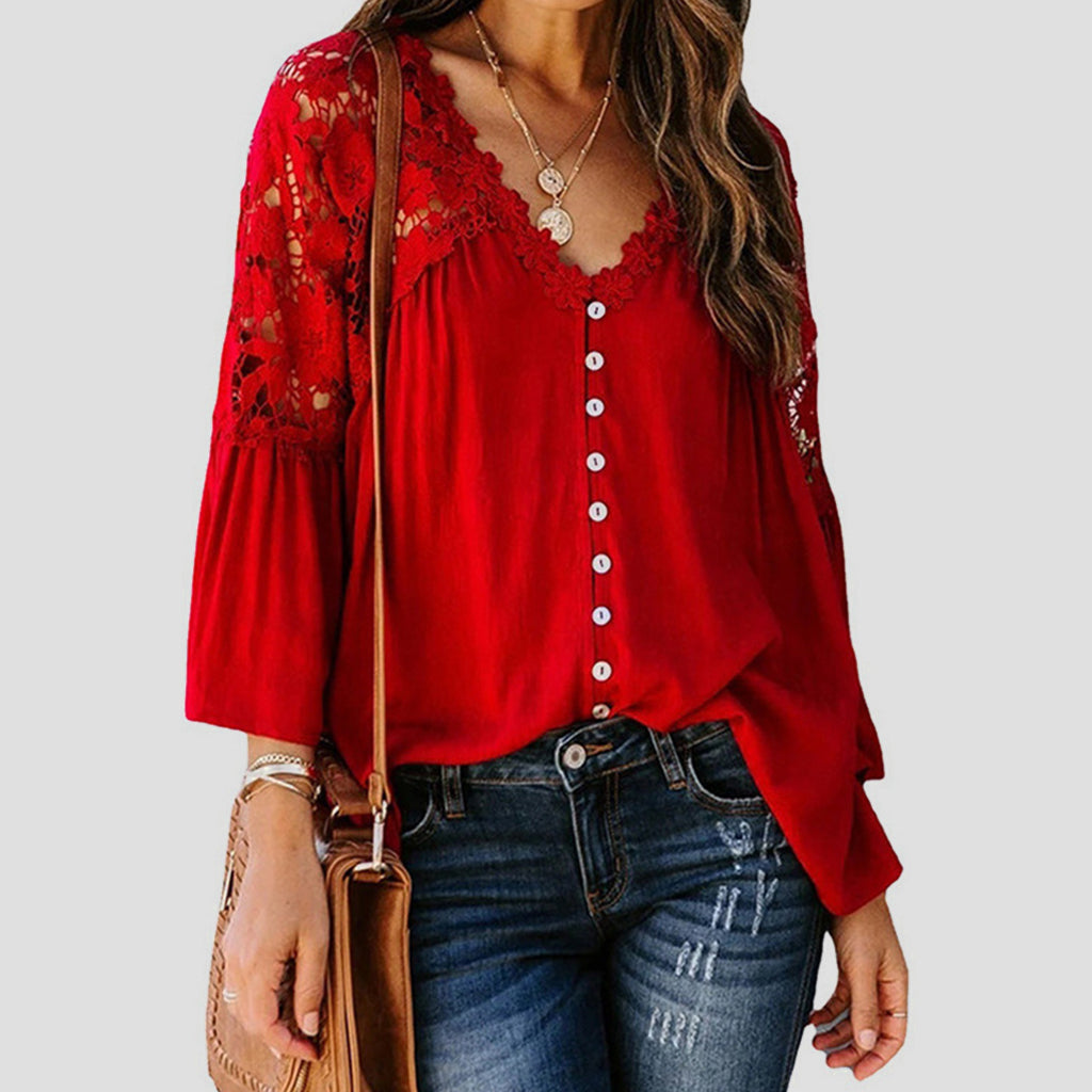 Everyday Hollow Guipure Lace Flare Sleeve V Neck Button Blouse