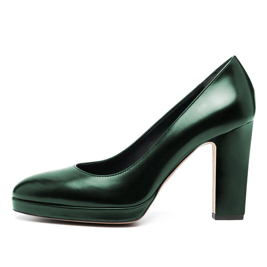 Dark Green Round Toe Chunky Heel Slip-On Platform Pumps for Women