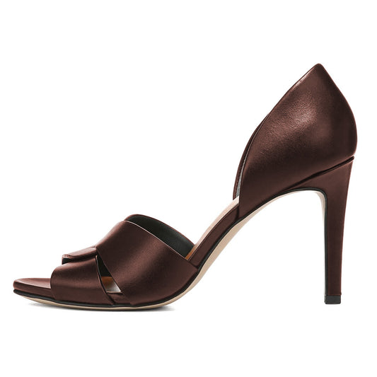 Dark Brown Open Toe Stiletto Heel Pumps for Women with Twist Strap
