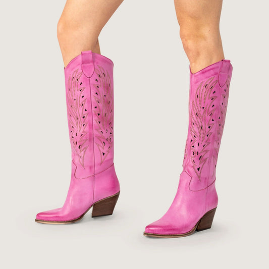Embroidered Snip Toe Block Heel Cute Fuchsia Knee-High Cowgirl Boots