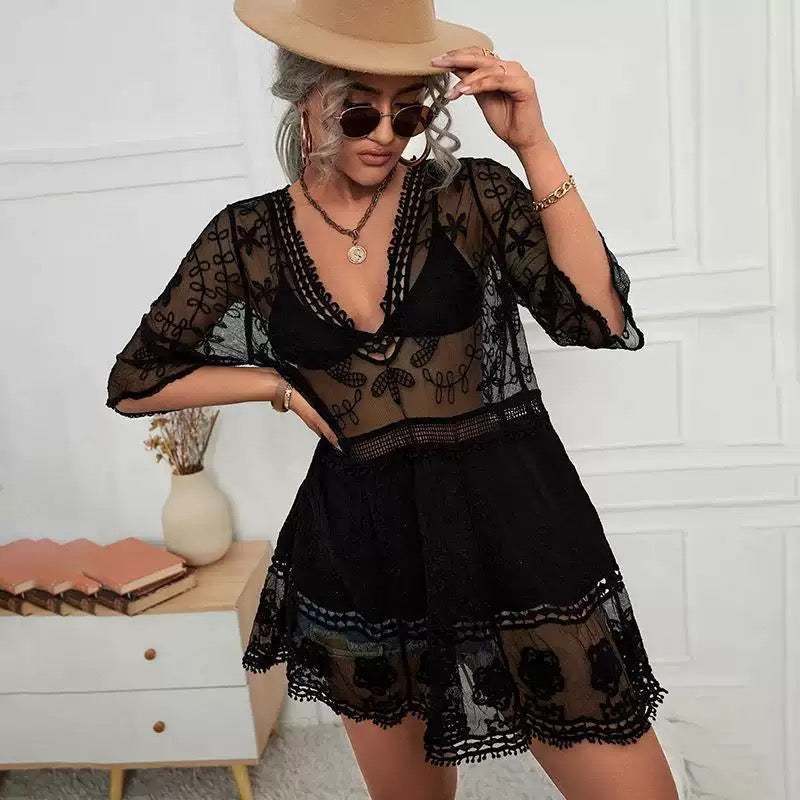 Lace Detail Plunge Cover-Up Dress/Bikini Cover Ups