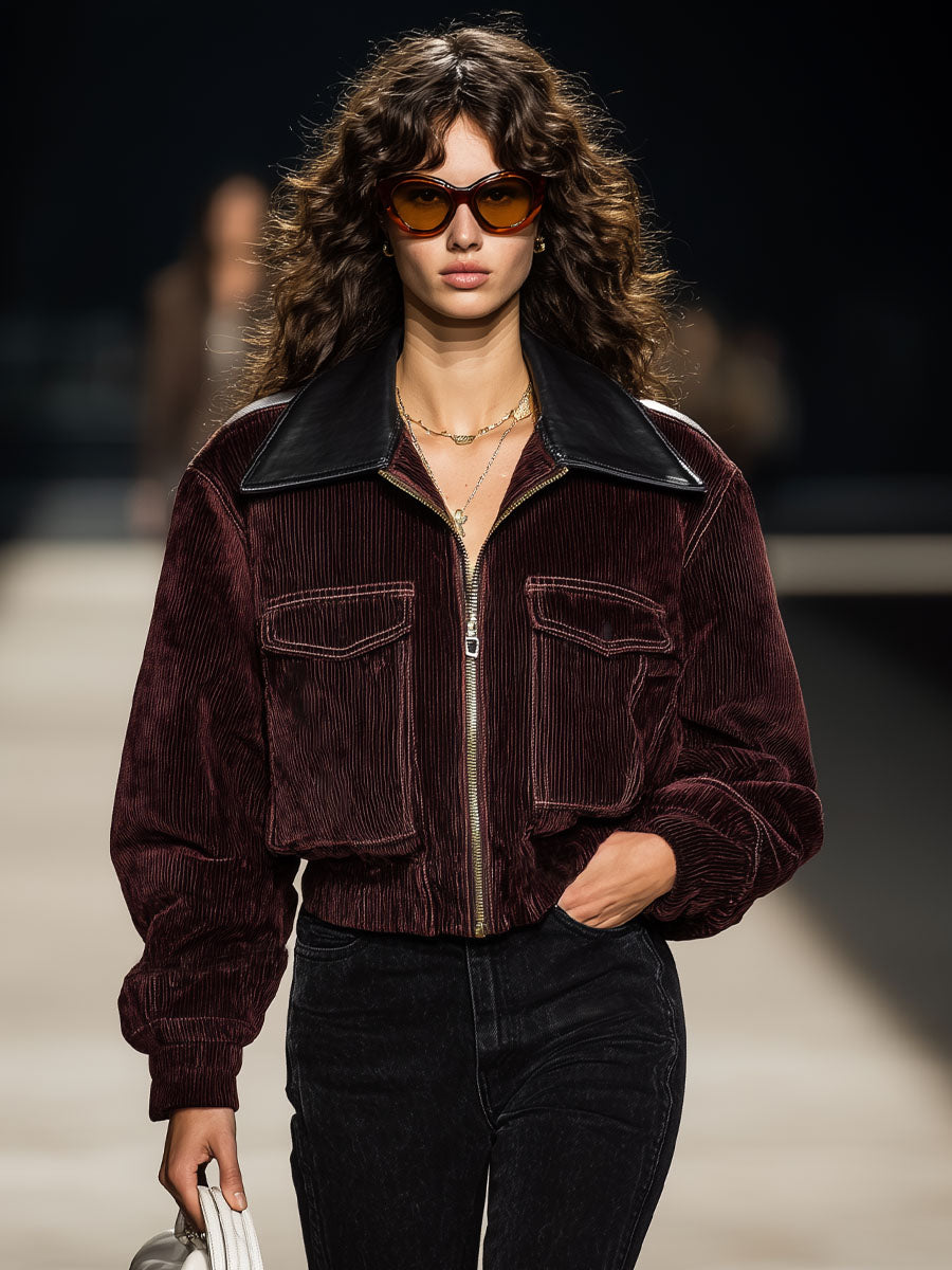Faux Leather Square Neck Corduroy Pocket Zip-up Jacket