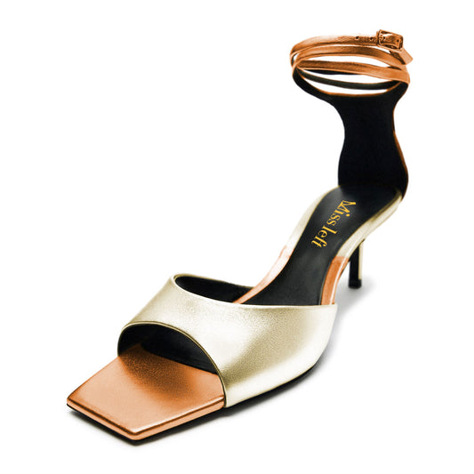 Gold & Orange Metallic Open Square Toe Kitten Heel Summer Sandals