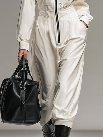 Fashionable And Casual White Lapel Zipper Pocket Faux Leather Long-sleeved Jumpsuit