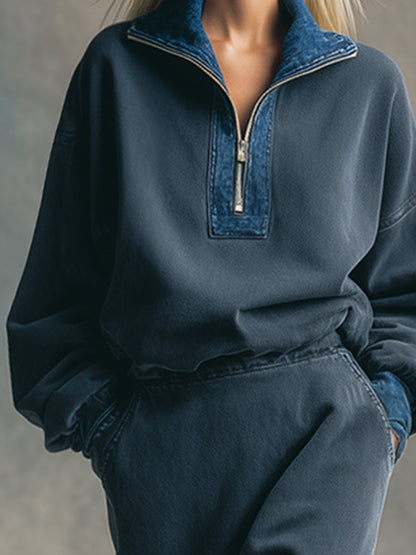 Fashionable Sports Contrast Gray Denim Loose Midi Dress
