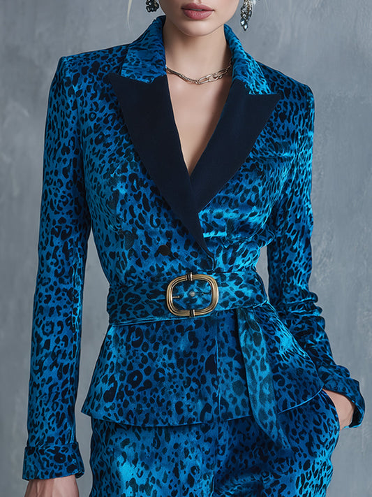 Elegant Vintage Blue Leopard Print Belt Velvet Blazer