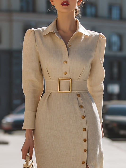 Elegant Belted Button-Down Midi Dress