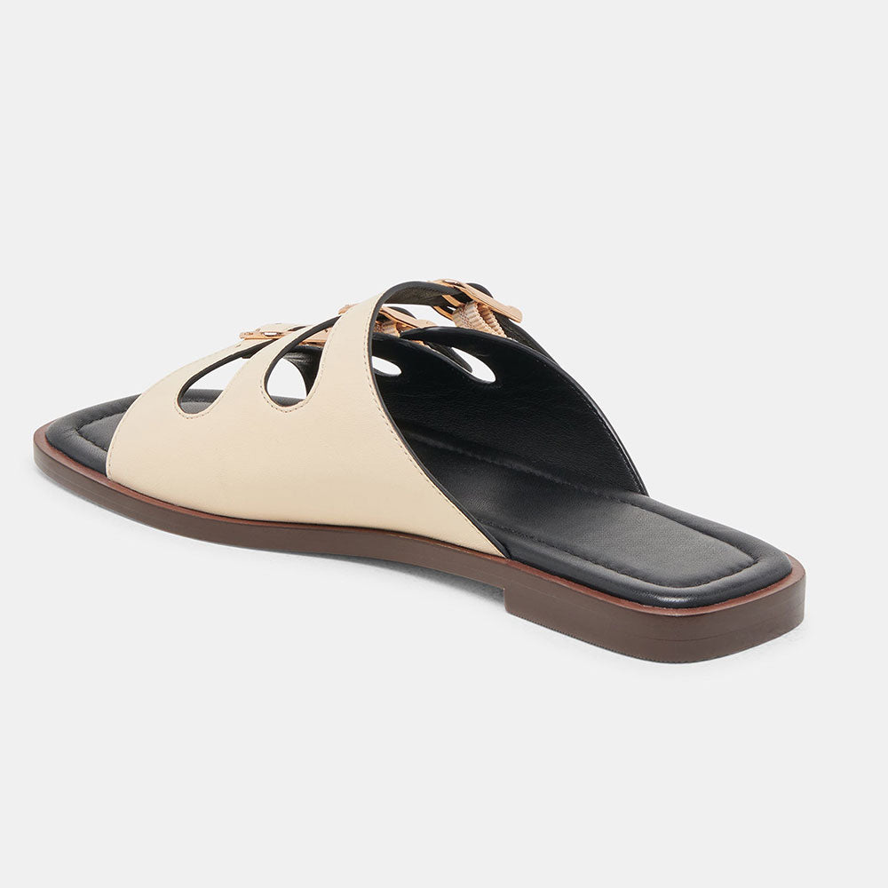 Elegant Beige Faux Leather Square Toe Slide Flat Summer Sandals
