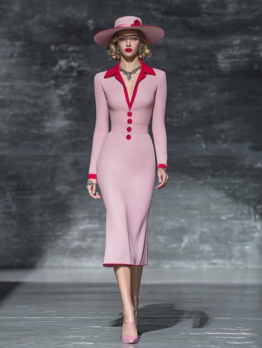 Fashionable And Exquisite Contrast Lapel Red Hem Pink Waffle Midi Dress
