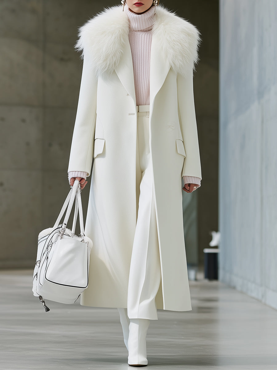 White Collar Splicing Eco-friendly Wool Long Coat